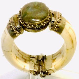 Vtg Bone Stone Clamper Bracelet